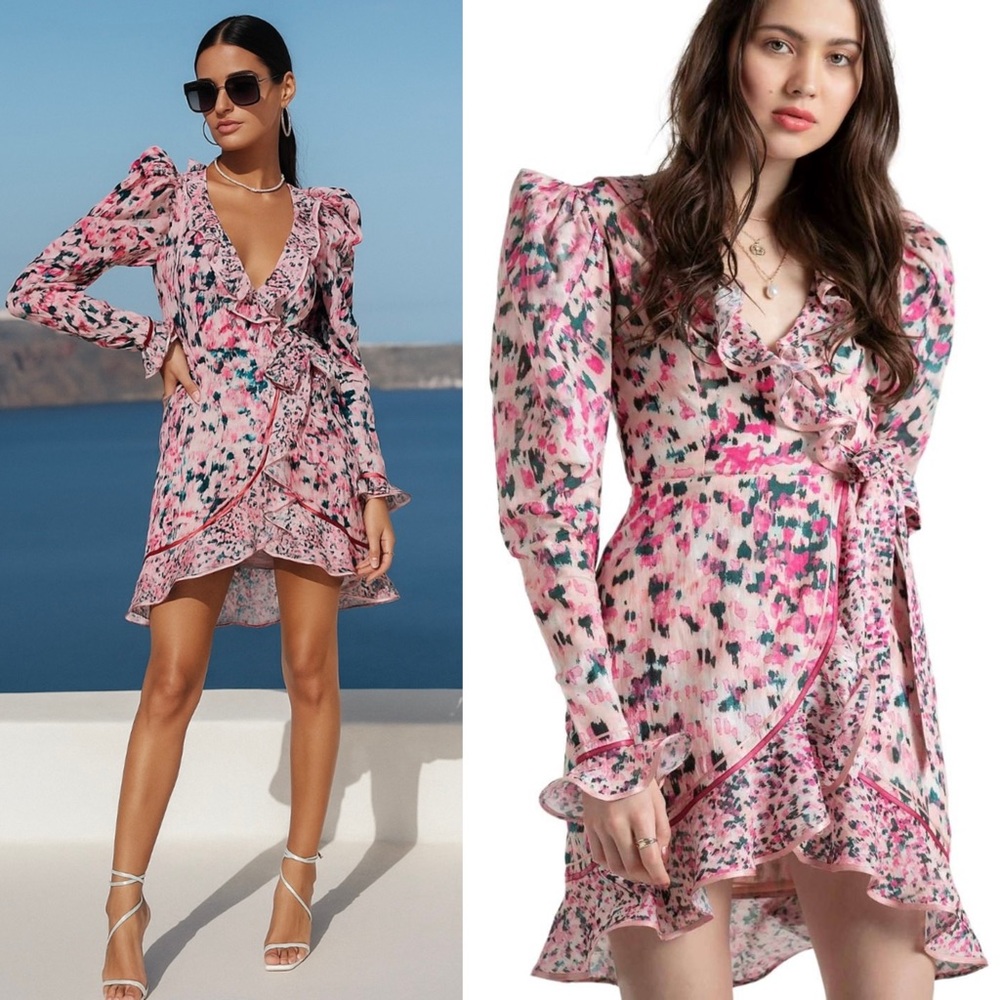 ROCOCO SAND Impressionist Floral Print Puff Long Sleeve Ruffle Wrap Mini Dress M